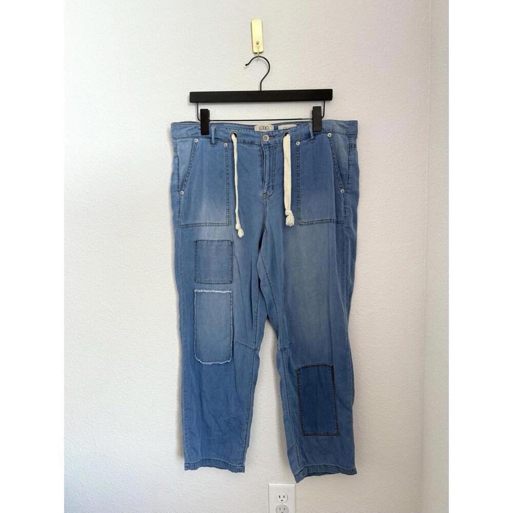 LOGO by Lori Goldstein Sz 14 Regular Indigo Patchwork Straight Leg Boho Denim